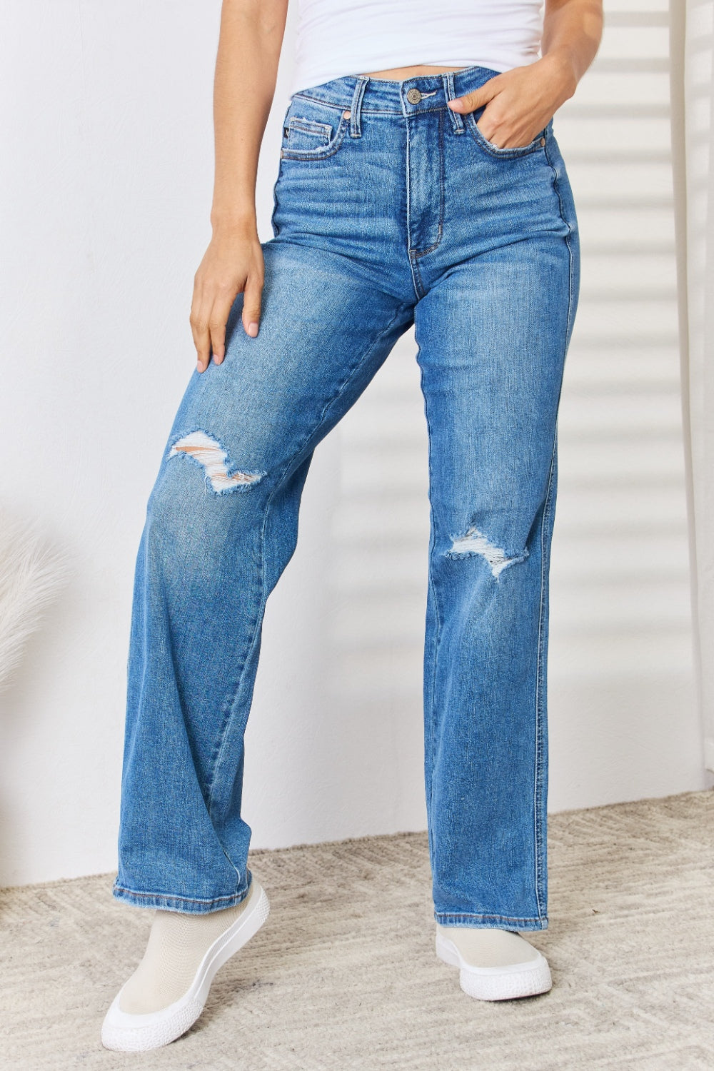 Judy Blue Full Size High Waist Distressed Straight-Leg Jeans - All Mine Now Clothing