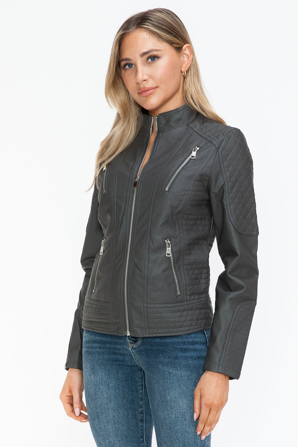 Snobbish Faux Leather Zip Up Mock Neck Jacket - All Mine Now Clothing