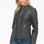 Snobbish Faux Leather Zip Up Mock Neck Jacket - All Mine Now Clothing