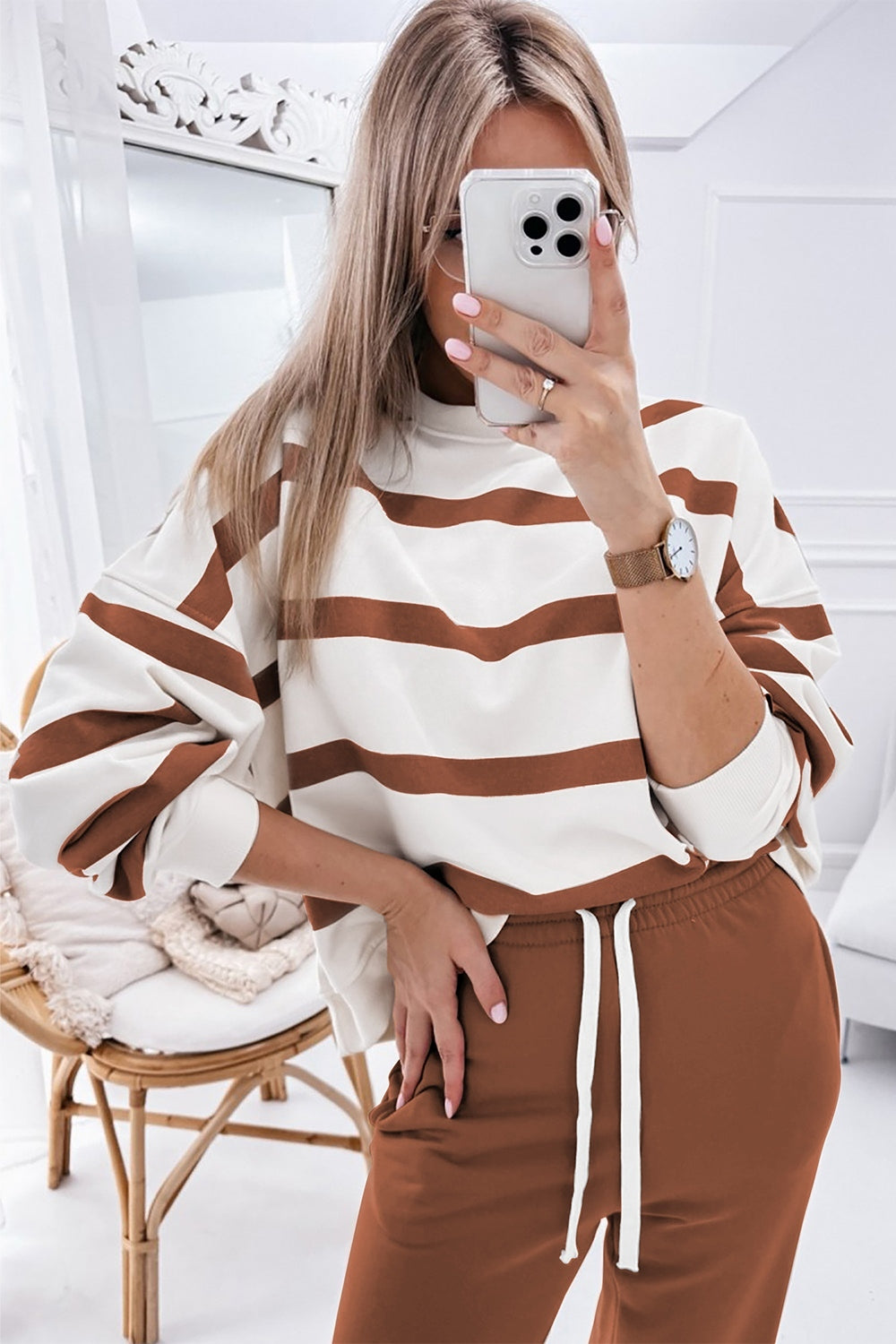 Striped Round Neck Long Sleeve Top and Pants Set - All Mine Now Clothing