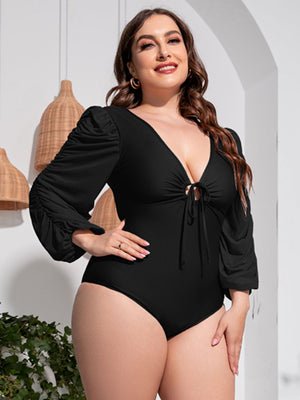 Plus Size Tied Deep V Balloon Sleeve One-Piece Swimsuit - All Mine Now Clothing