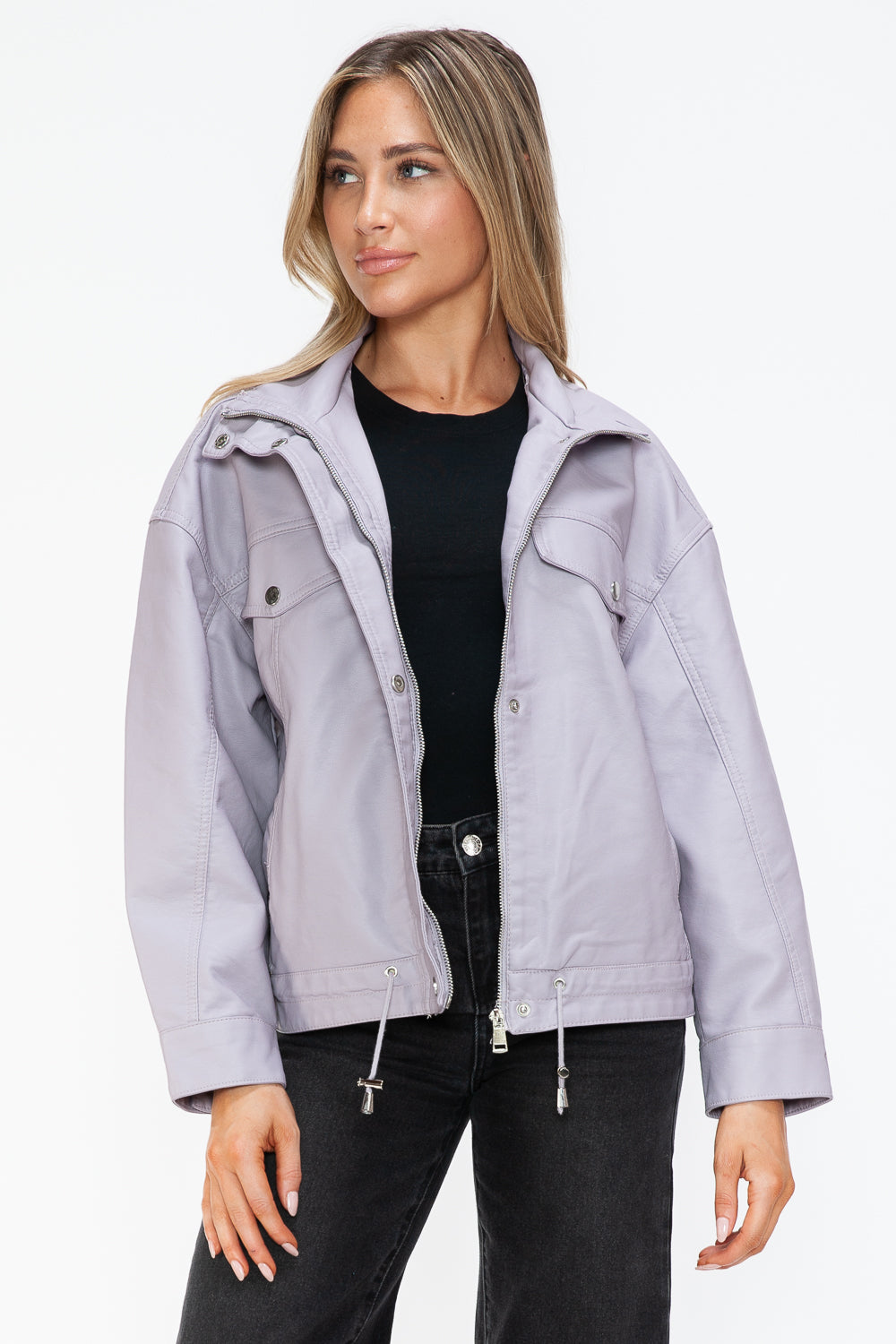 How Dare U Drawstring Hem PU Leather Zip Up Jacket - All Mine Now Clothing