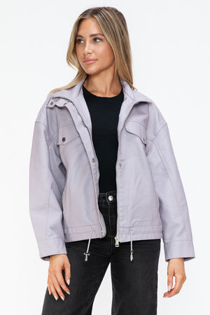 How Dare U Drawstring Hem PU Leather Zip Up Jacket - All Mine Now Clothing