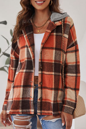 Plaid Button Up Hooded Shacket - All Mine Now Clothing