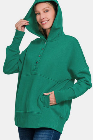 Zenana Half Snap Long Sleeve Hoodie with Kangaroo Pocket - All Mine Now Clothing