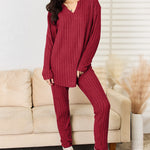 Basic Bae Full Size Notched Long Sleeve Top and Pants Set - All Mine Now Clothing