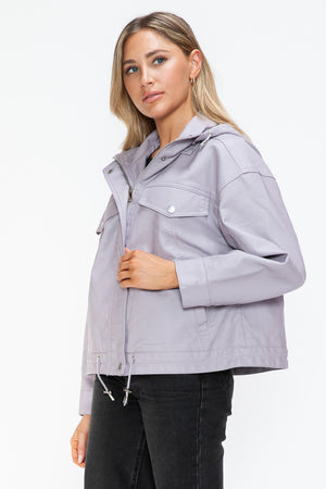 How Dare U Drawstring Hem PU Leather Zip Up Jacket - All Mine Now Clothing