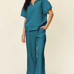 Double Take Full Size Texture Half Zip Short Sleeve Top and Pants Set - All Mine Now Clothing