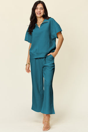 Double Take Full Size Texture Half Zip Short Sleeve Top and Pants Set - All Mine Now Clothing