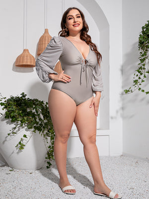 Plus Size Tied Deep V Balloon Sleeve One-Piece Swimsuit - All Mine Now Clothing