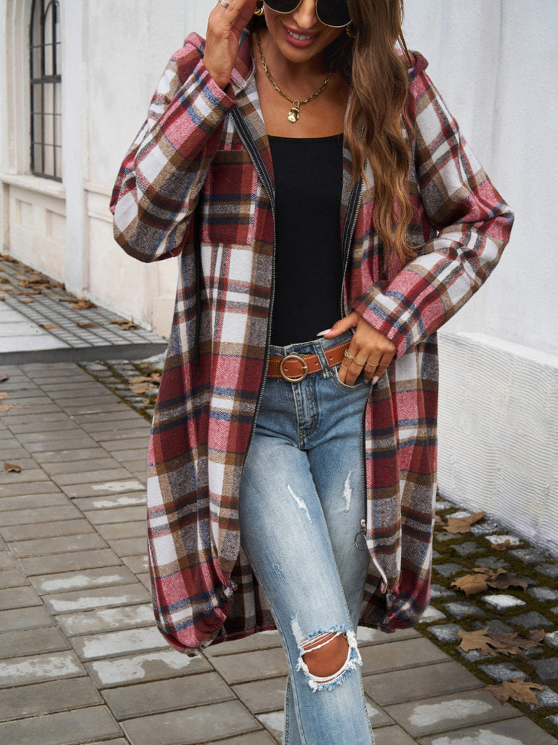 Devine Plaid Zip Up Hooded Coat - All Mine Now Clothing