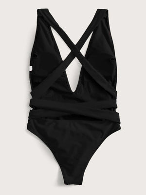 Halter Neck Deep V Tied One-Piece Swimsuit - All Mine Now Clothing