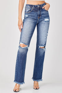 Risen Full Size Raw Hem Distressed Straight Jeans - All Mine Now Clothing