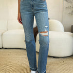 Judy Blue Full Size Mid Rise Destroyed Hem Distressed Jeans Trendsi