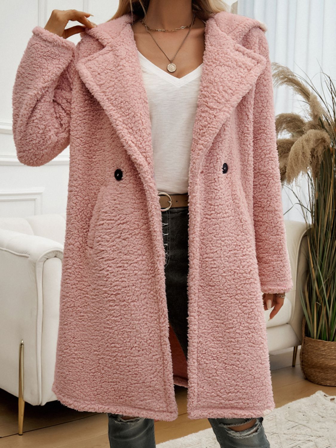 Devine Pocketed Long Sleeve Hooded Teddy Coat - All Mine Now Clothing