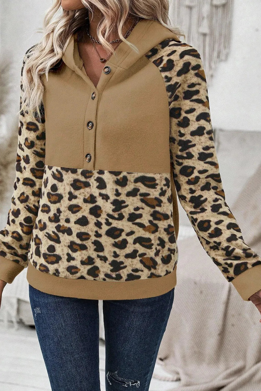 Leopard Half Button Long Sleeve Hoodie - All Mine Now Clothing