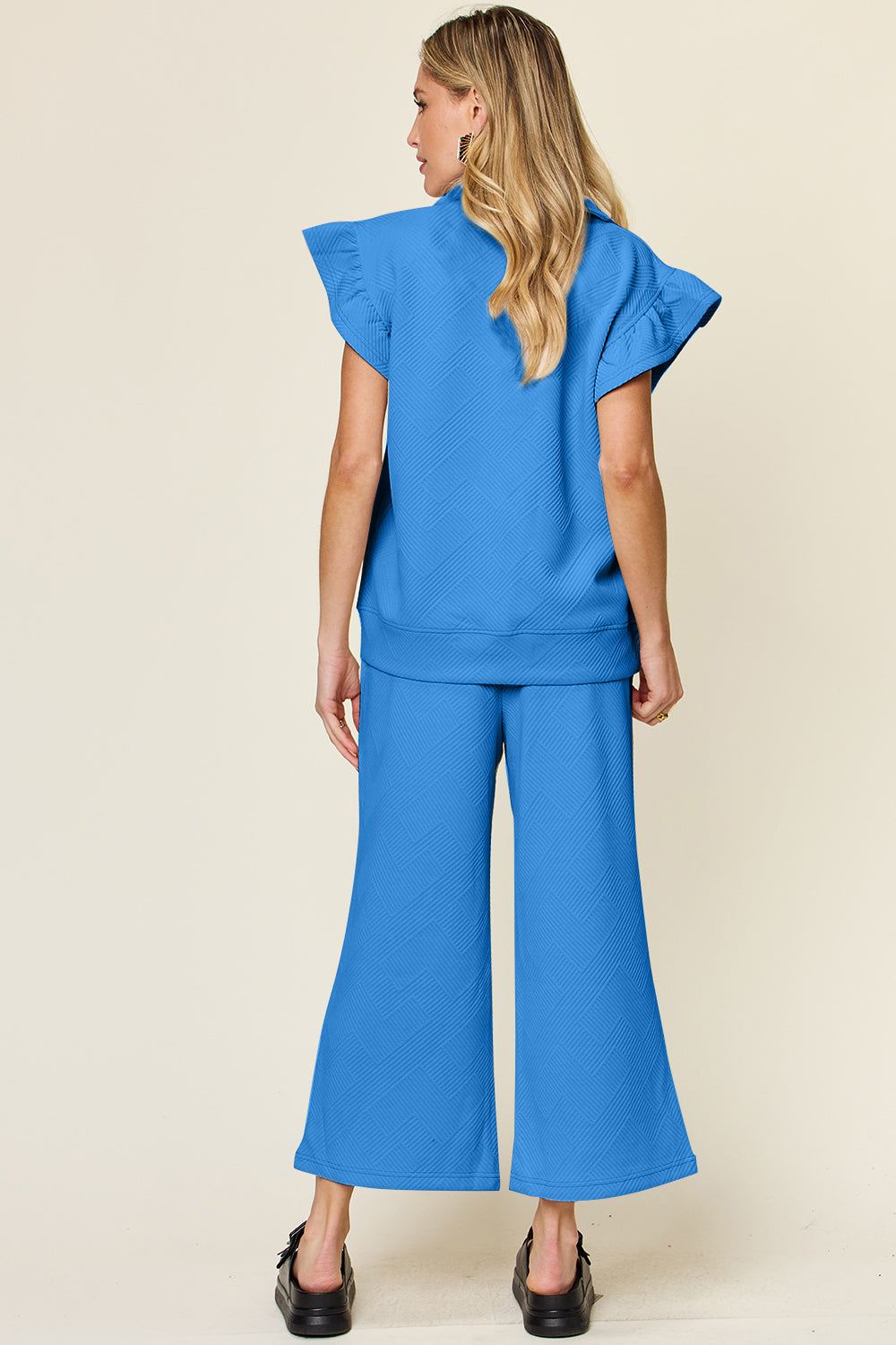 Double Take Texture Ruffle Short Sleeve Top and Drawstring Wide Leg Pants Set - All Mine Now Clothing