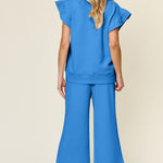 Double Take Texture Ruffle Short Sleeve Top and Drawstring Wide Leg Pants Set - All Mine Now Clothing