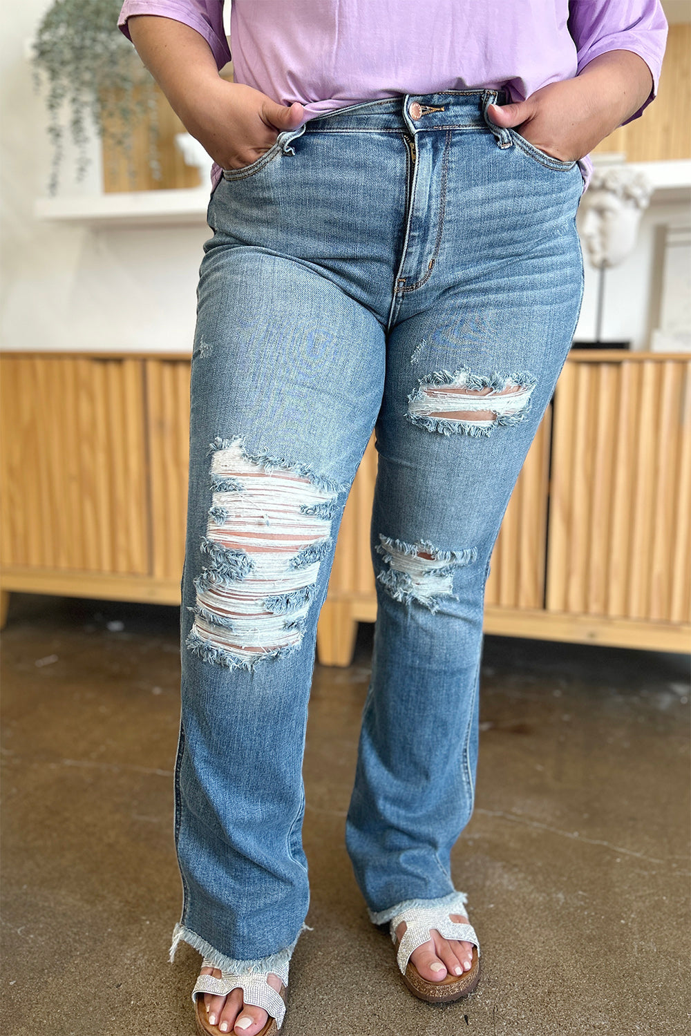 Judy Blue Full Size Distressed Raw Hem Bootcut Jeans - All Mine Now Clothing