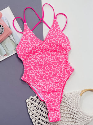 Leopard Plunge Spaghetti Strap One-Piece Swimwear - All Mine Now Clothing