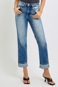 RISEN Full Size High Rise Crop Straight Roll Up Jeans Trendsi