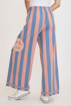 Umgee Peace Sign Patch Striped Wide Leg Pants - All Mine Now Clothing