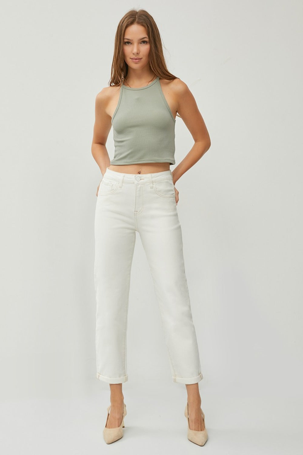 RISEN Full Size High Waist Rolled Hem Straight Jeans Trendsi