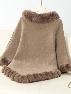 Fuzzy Trim Texture Three-Quarter Sleeve Poncho - All Mine Now Clothing