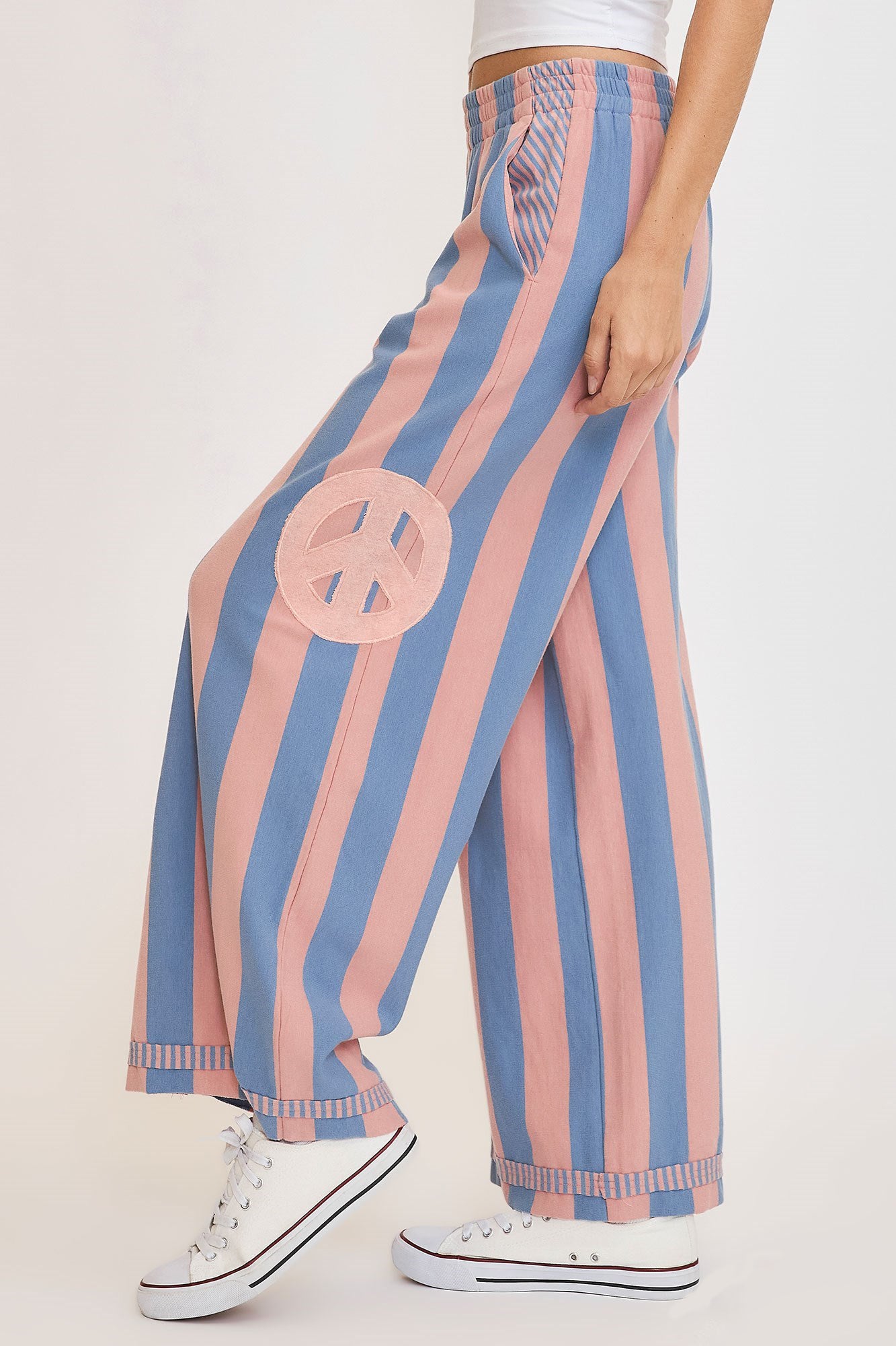 Umgee Peace Sign Patch Striped Wide Leg Pants - All Mine Now Clothing