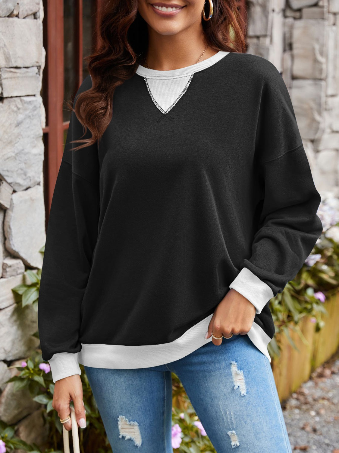 Lovelet Contrast Round Neck Long Sleeve Sweatshirt - All Mine Now Clothing