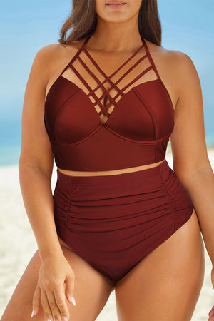 Full Size Halter Neck Crisscross Ruched Two-Piece Swimsuit - All Mine Now Clothing