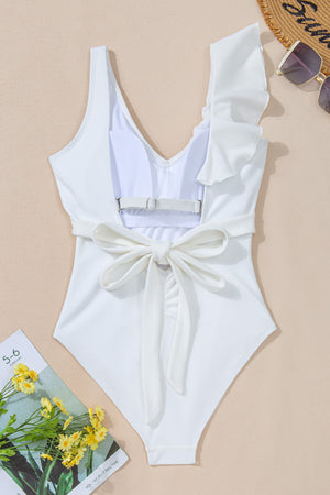 Ruffled V-Neck Wide Strap One-Piece Swimwear - All Mine Now Clothing