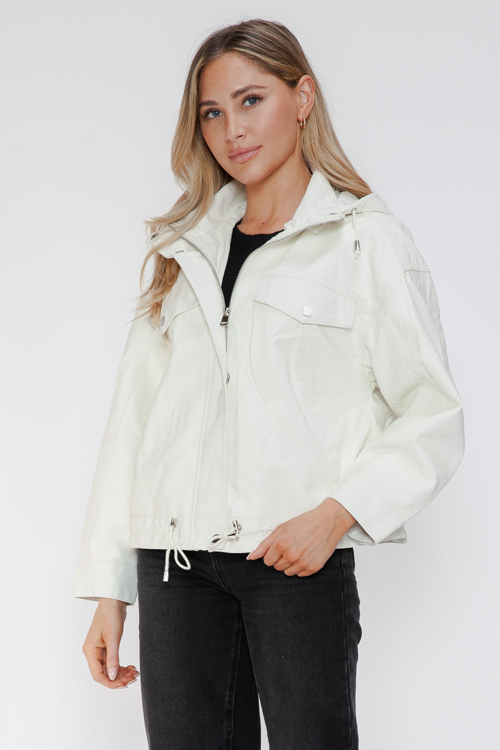 How Dare U Drawstring Hem PU Leather Zip Up Jacket - All Mine Now Clothing