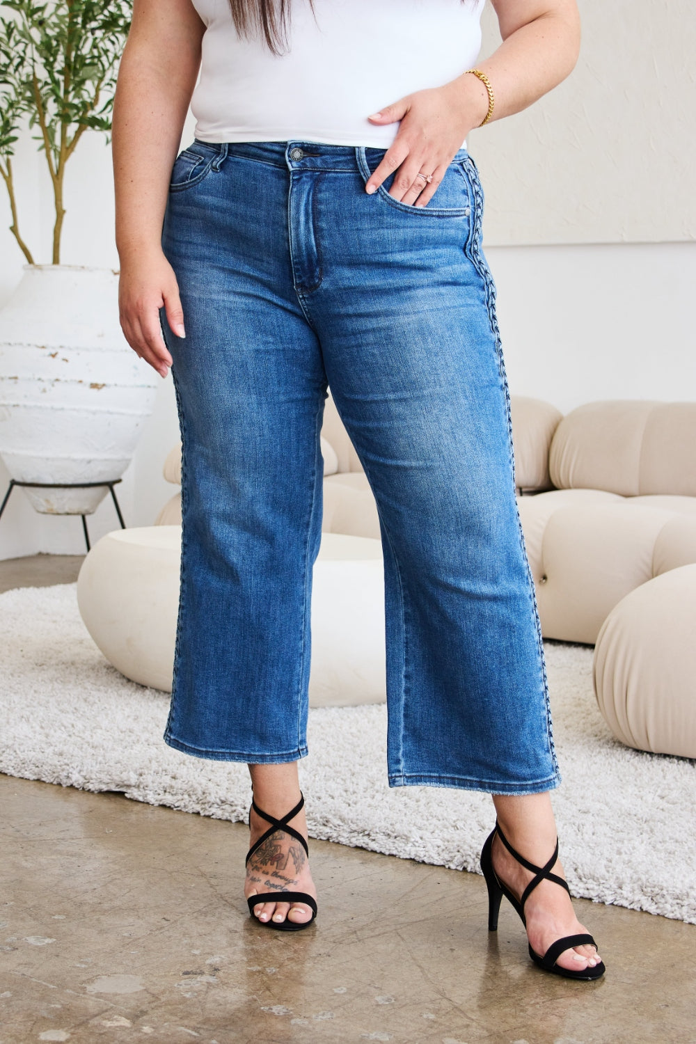 Judy Blue Full Size Braid Side Detail Wide Leg Jeans Trendsi