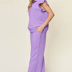 Double Take Texture Ruffle Short Sleeve Top and Drawstring Wide Leg Pants Set - All Mine Now Clothing