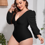 Plus Size Tied Deep V Balloon Sleeve One-Piece Swimsuit - All Mine Now Clothing