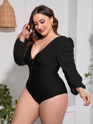 Plus Size Tied Deep V Balloon Sleeve One-Piece Swimsuit - All Mine Now Clothing