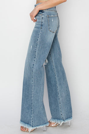 RISEN Mid Rise Button Fly Wide Leg Jeans Trendsi