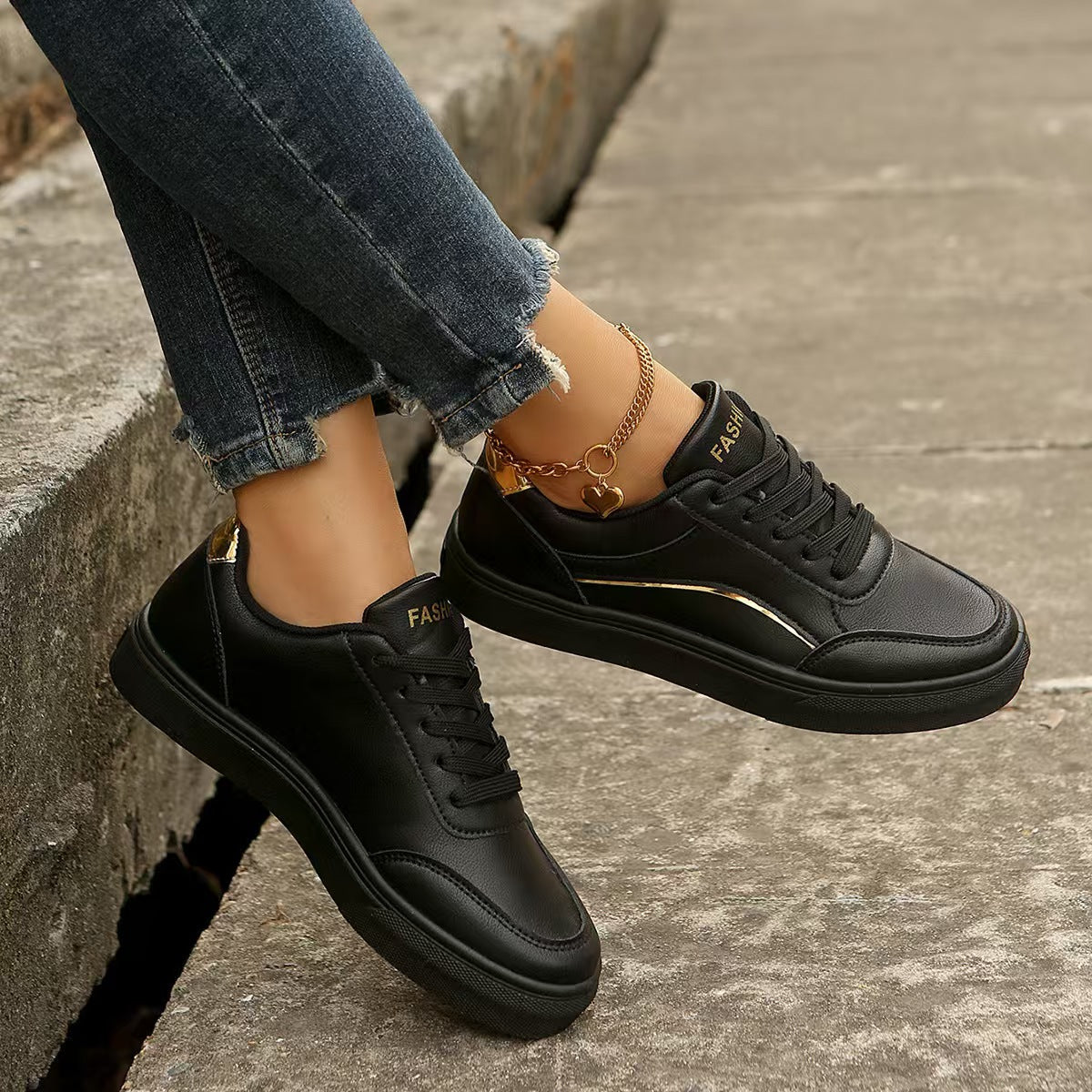 PU Leather Round Toe Flat Sneakers - All Mine Now Clothing