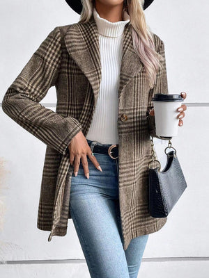 Plaid Collared Neck Long Sleeve Jacket - All Mine Now Clothing