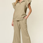 Double Take Texture Ruffle Short Sleeve Top and Drawstring Wide Leg Pants Set - All Mine Now Clothing