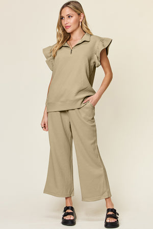 Double Take Texture Ruffle Short Sleeve Top and Drawstring Wide Leg Pants Set - All Mine Now Clothing