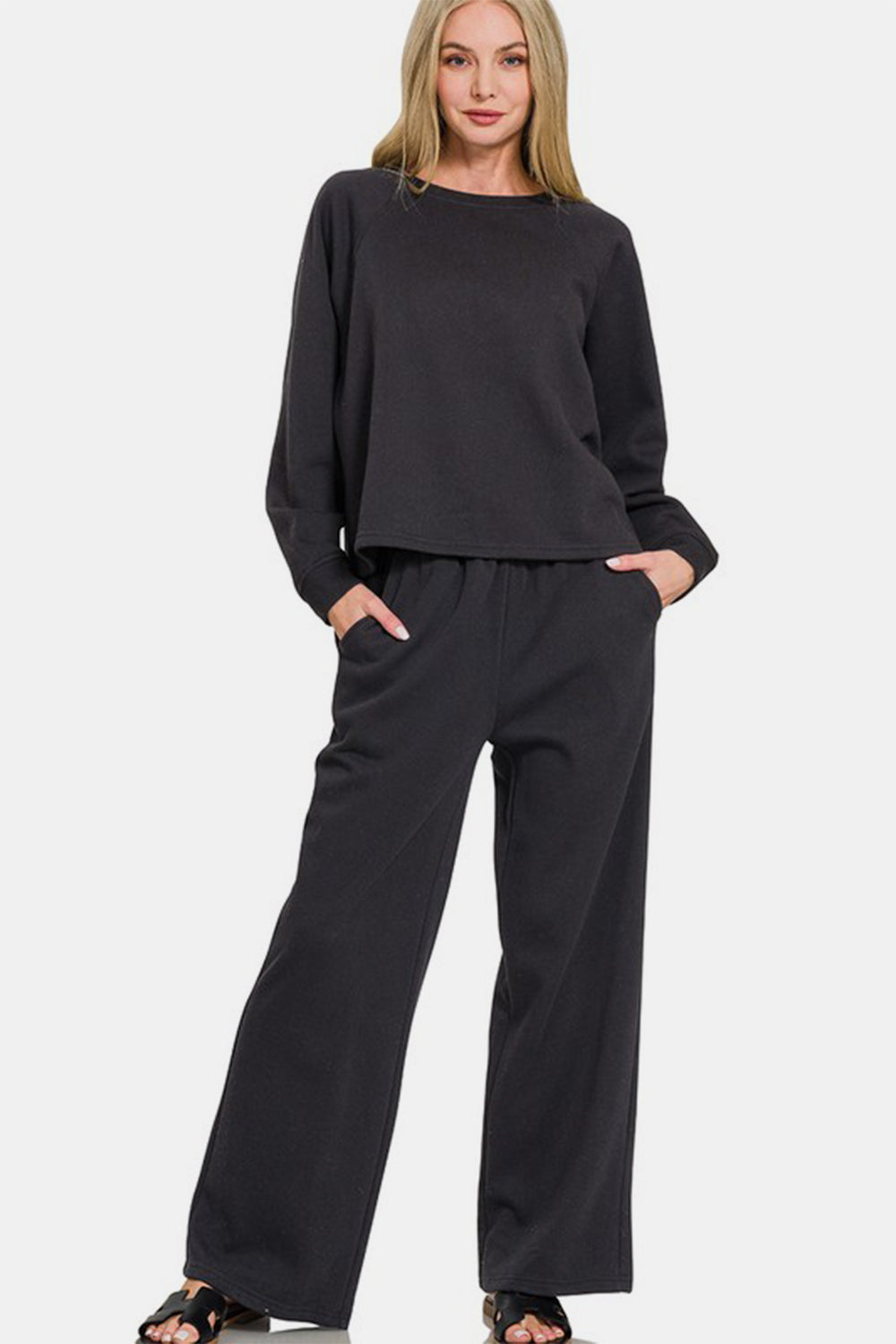 Zenana Round Neck Raglan Sleeve Top and Elastic Waist Pants Set - All Mine Now Clothing