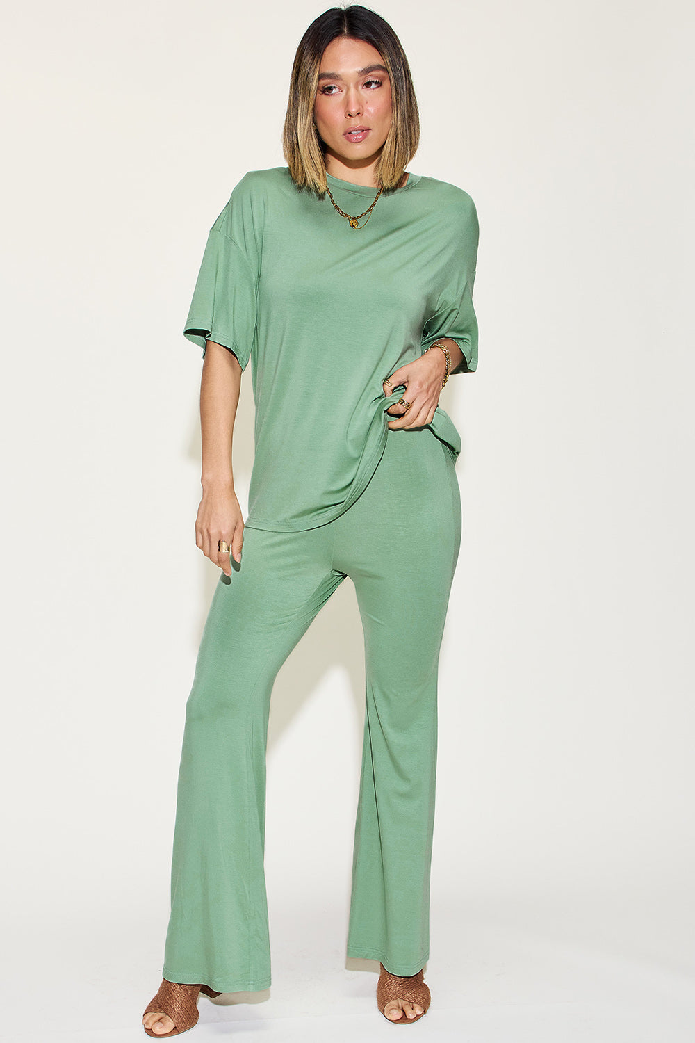 Basic Bae Full Size Bamboo Drop Shoulder T-Shirt and Flare Pants Set - All Mine Now Clothing