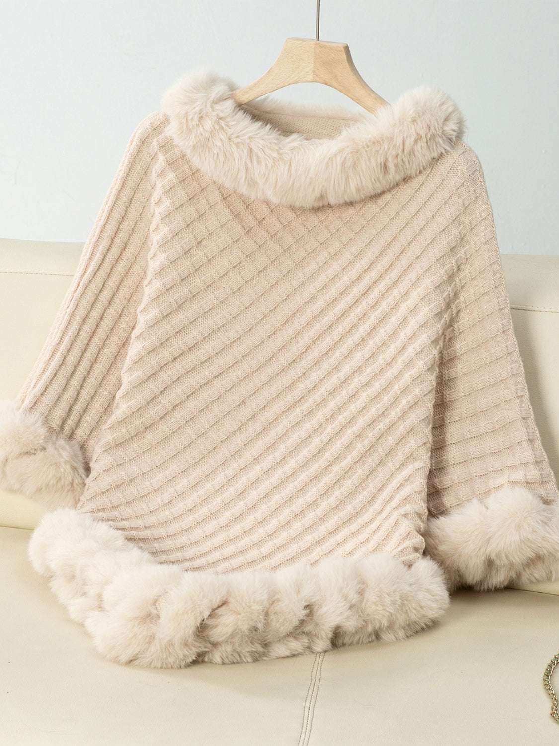 Fuzzy Trim Texture Three-Quarter Sleeve Poncho - All Mine Now Clothing