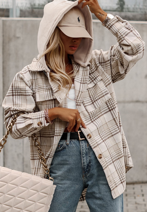 Plaid Removable Hood Button Up Shacket - All Mine Now Clothing