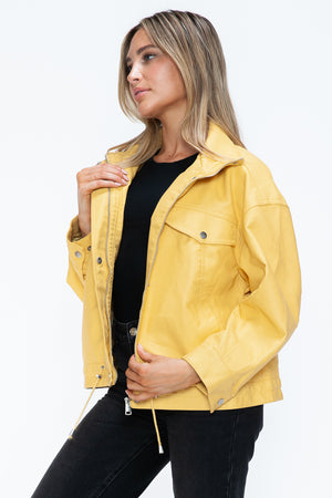 How Dare U Drawstring Hem PU Leather Zip Up Jacket - All Mine Now Clothing