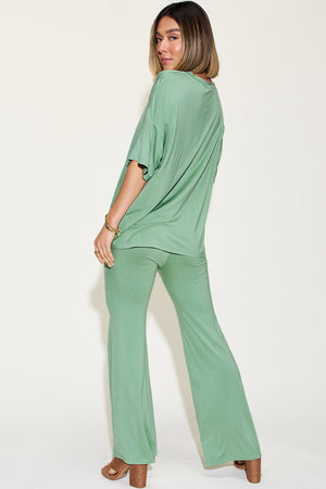 Basic Bae Full Size Bamboo Drop Shoulder T-Shirt and Flare Pants Set - All Mine Now Clothing