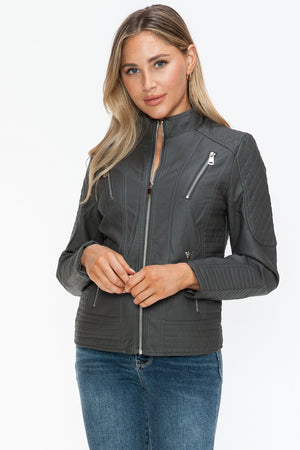 Snobbish Faux Leather Zip Up Mock Neck Jacket - All Mine Now Clothing