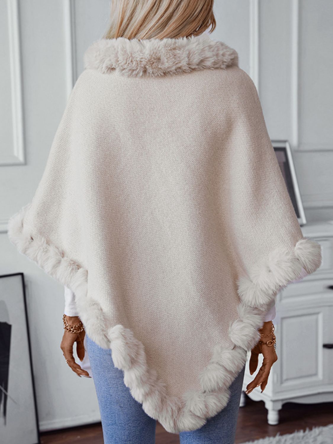 Fuzzy Trim Texture Three-Quarter Sleeve Poncho - All Mine Now Clothing